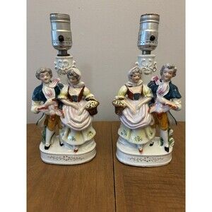 Two (2) Vintage Occupied Japan Colonial Table Lamp Man And Woman HandPainted